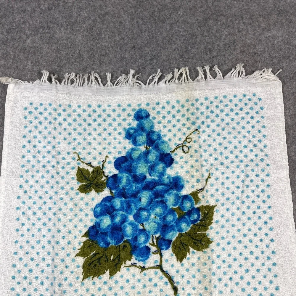 Vintage Town House Kitchen Terry Towel Blue Grapes Polka Dot Fringed 50s MCM USA
